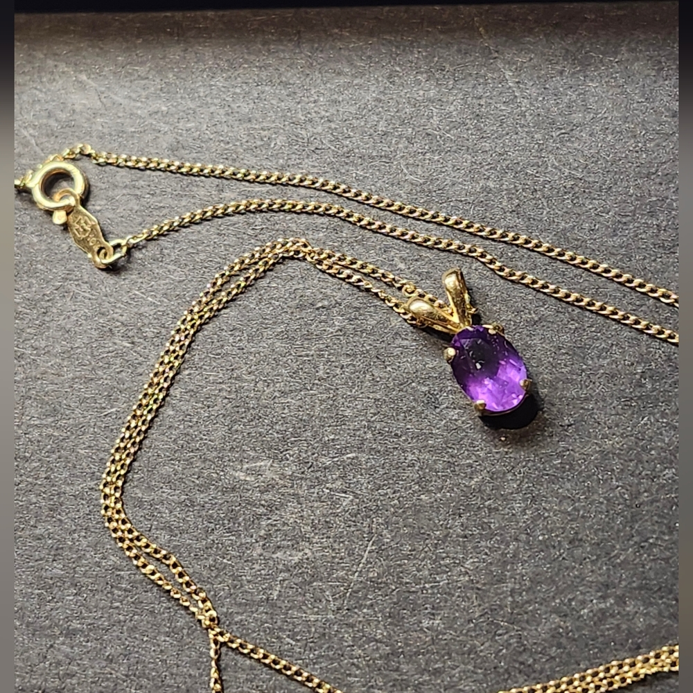 10k Solid Gold Chain Necklace with Purple Amethyst Pendant 15 1/4"